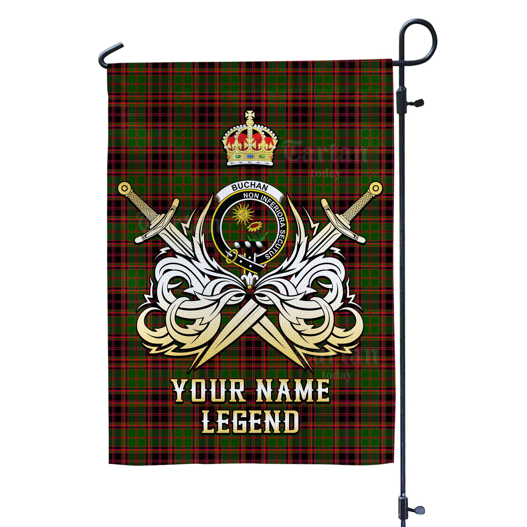 Custom Name Clan Buchan Modern Tartan Garden Flag with Clan Crest and the Golden Sword of Courageous Legacy RG69