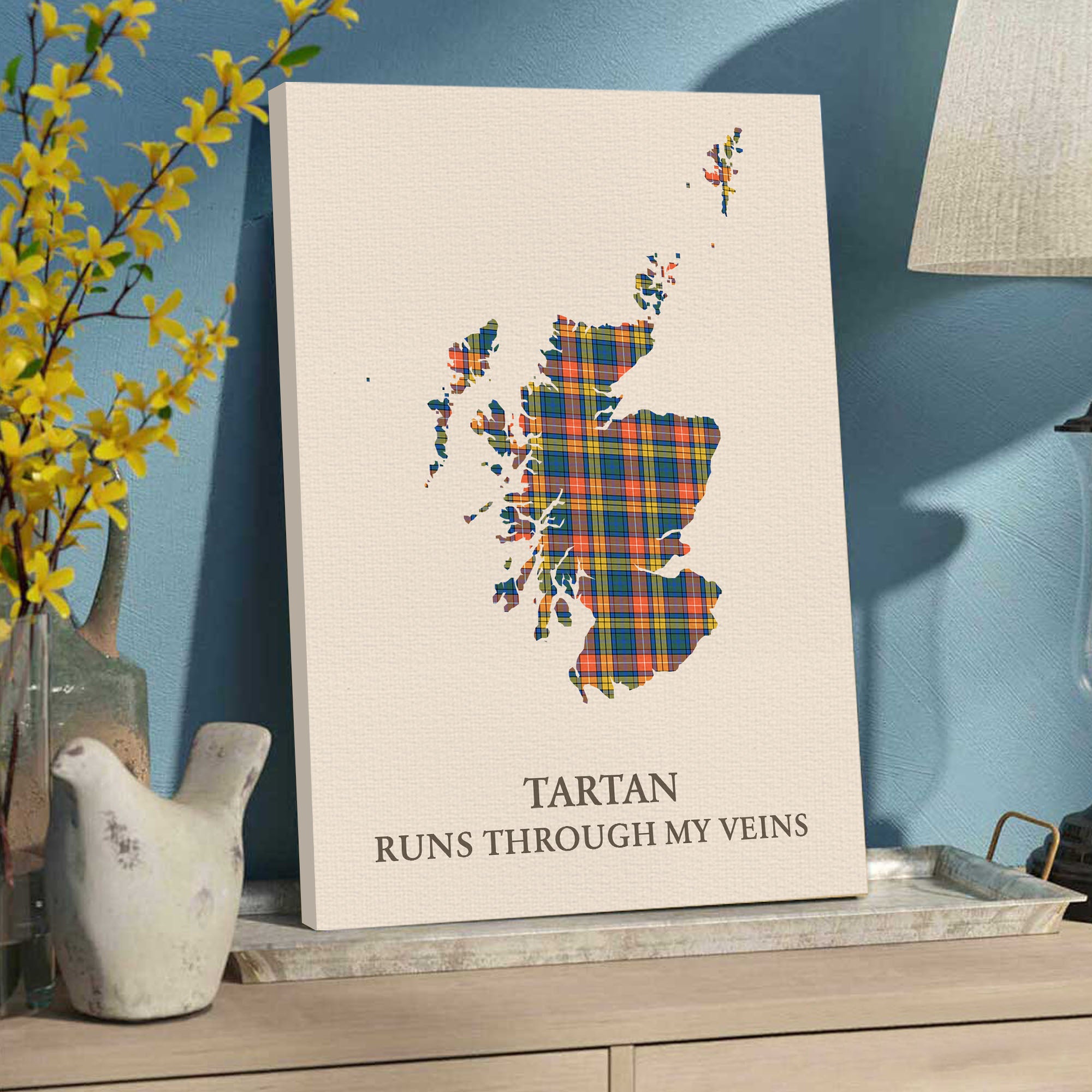Clan Buchanan Ancient Tartan Scotland Map Canvas “Tartan Runs Through My Veins” Wall Art EZ10