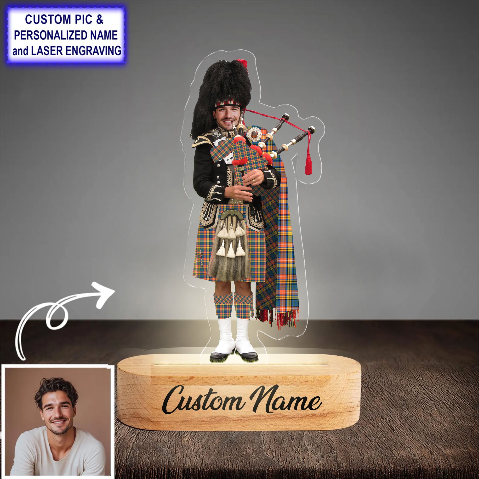 Custom Bagpipe Buchanan Ancient Tartan LED Night Light - Personalized Scottish Bagpiper Figurine with Wooden Stand