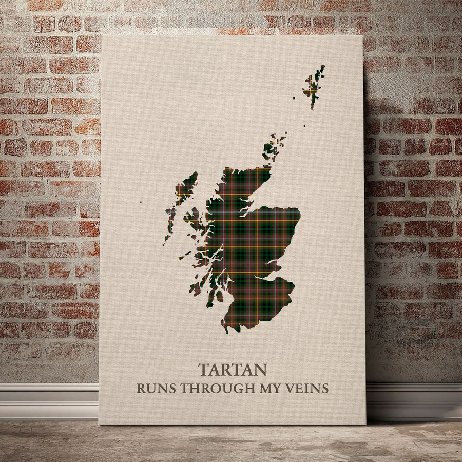 Buchanan Hunting Tartan Scotland Map Canvas – “Tartan Runs Through My Veins” Wall Art