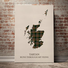 Buchanan Hunting Tartan Scotland Map Canvas – “Tartan Runs Through My Veins” Wall Art