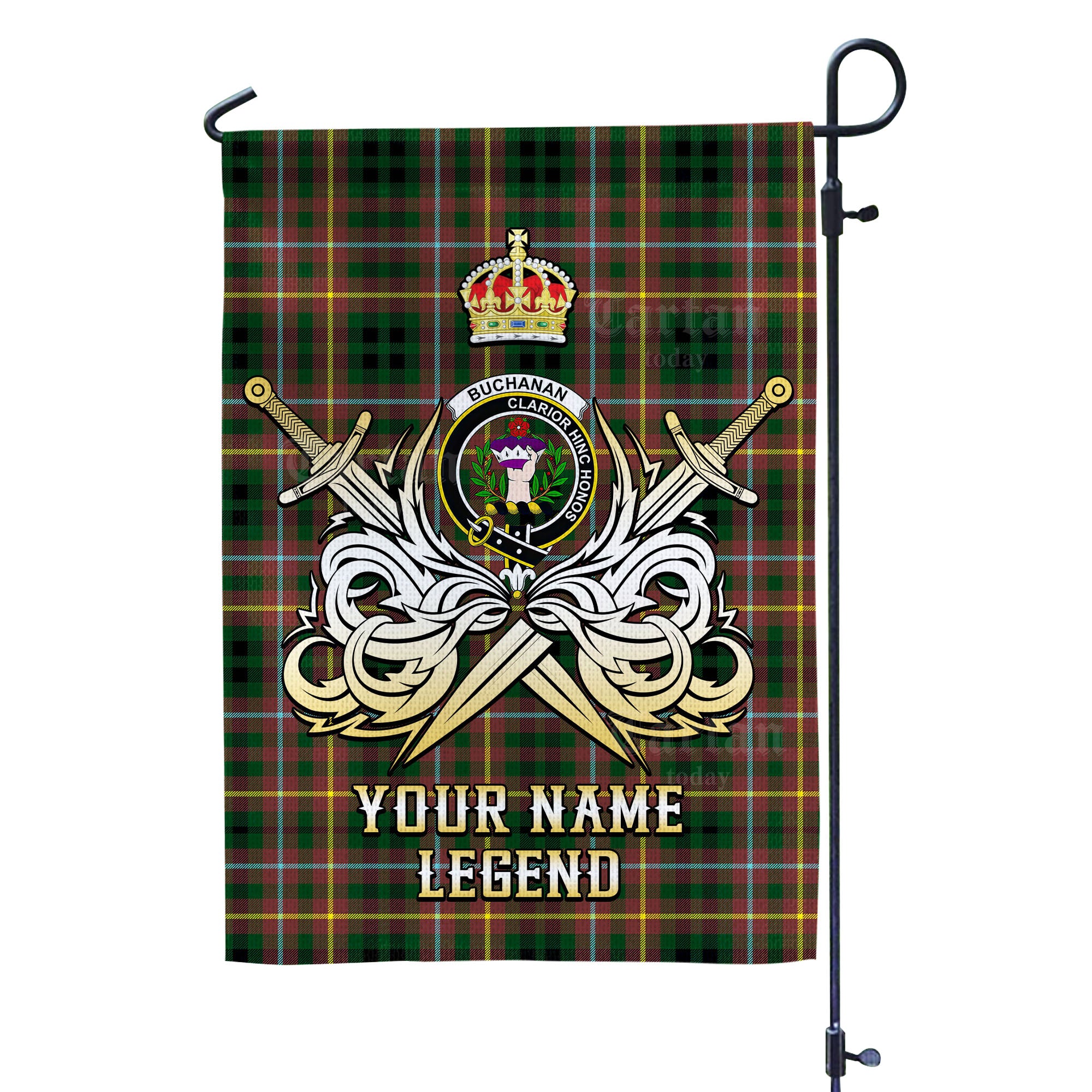Custom Name Clan Buchanan Hunting Tartan Garden Flag with Clan Crest and the Golden Sword of Courageous Legacy BS22