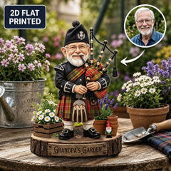 Personalized Buchanan Old Set Weathered Clan Bagpipe Garden Gnome Caricature Plaque Custom Photo, Any Clan Tartan, Wood or Acrylic, Grandpa & Dad Gift, Scottish Highland Garden Decor UJ90