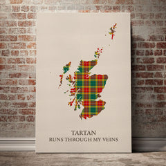 Buchanan Old Sett Tartan Scotland Map Canvas – “Tartan Runs Through My Veins” Wall Art