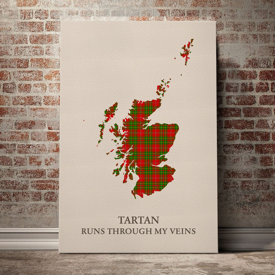 Burnett Ancient Tartan Scotland Map Canvas – “Tartan Runs Through My Veins” Wall Art