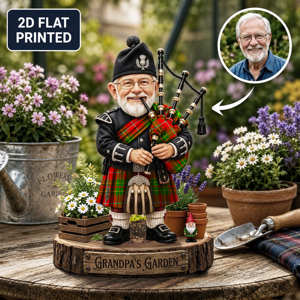 Personalized Burnett Ancient Clan Bagpipe Garden Gnome Caricature Plaque Custom Photo, Any Clan Tartan, Wood or Acrylic, Grandpa & Dad Gift, Scottish Highland Garden Decor BE54