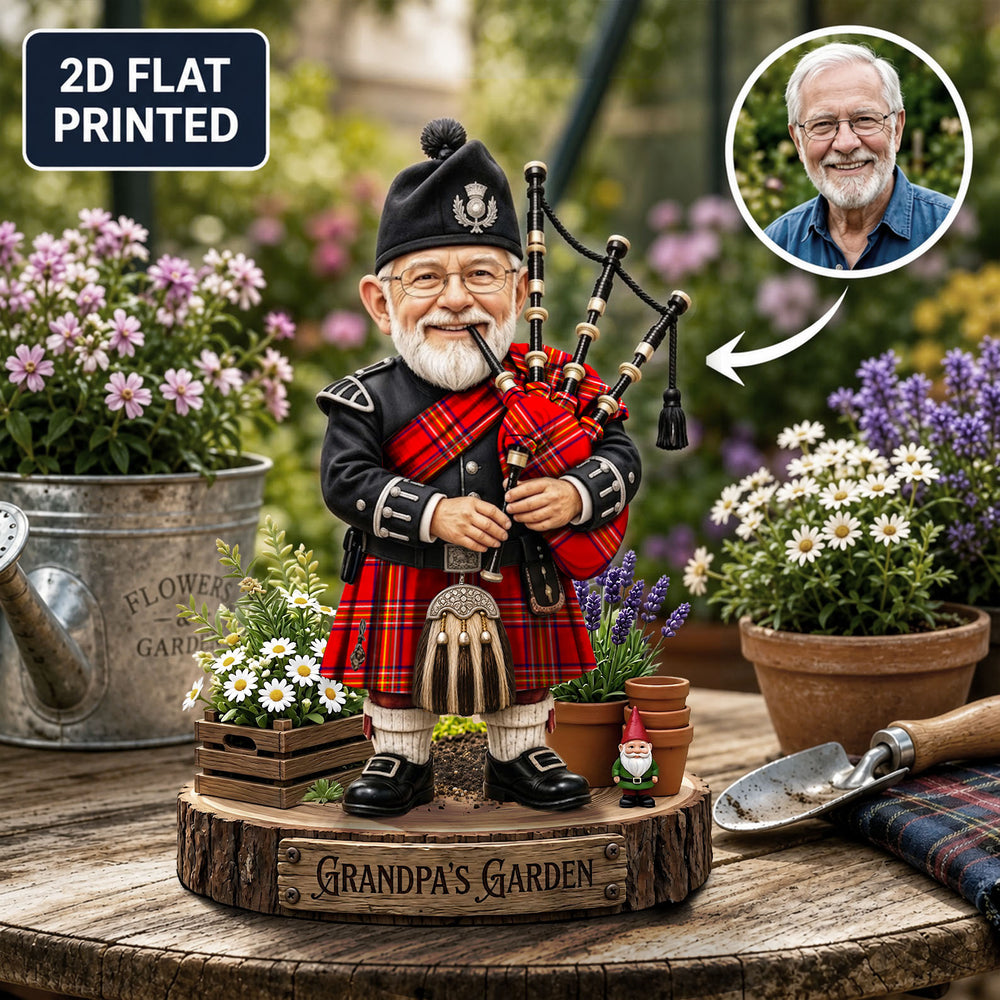 Personalized Burnett Modern Clan Bagpipe Garden Gnome Caricature Plaque Custom Photo, Any Clan Tartan, Wood or Acrylic, Grandpa & Dad Gift, Scottish Highland Garden Decor CO46