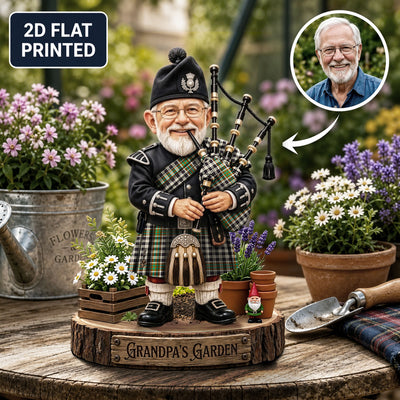 Personalized Burns Check Clan Bagpipe Garden Gnome Caricature Plaque Custom Photo, Any Clan Tartan, Wood or Acrylic, Grandpa & Dad Gift, Scottish Highland Garden Decor CD95