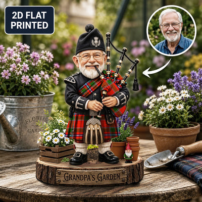 Personalized Butter Clan Bagpipe Garden Gnome Caricature Plaque Custom Photo, Any Clan Tartan, Wood or Acrylic, Grandpa & Dad Gift, Scottish Highland Garden Decor DC75