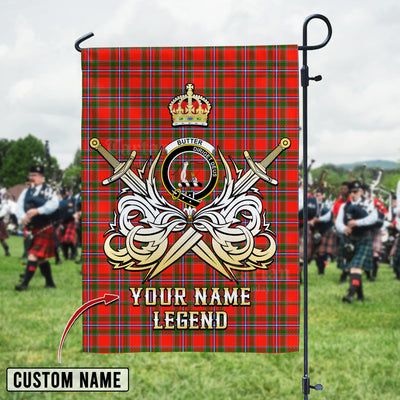 Custom Name Clan Butter Tartan Garden Flag with Clan Crest and the Golden Sword of Courageous Legacy YE33