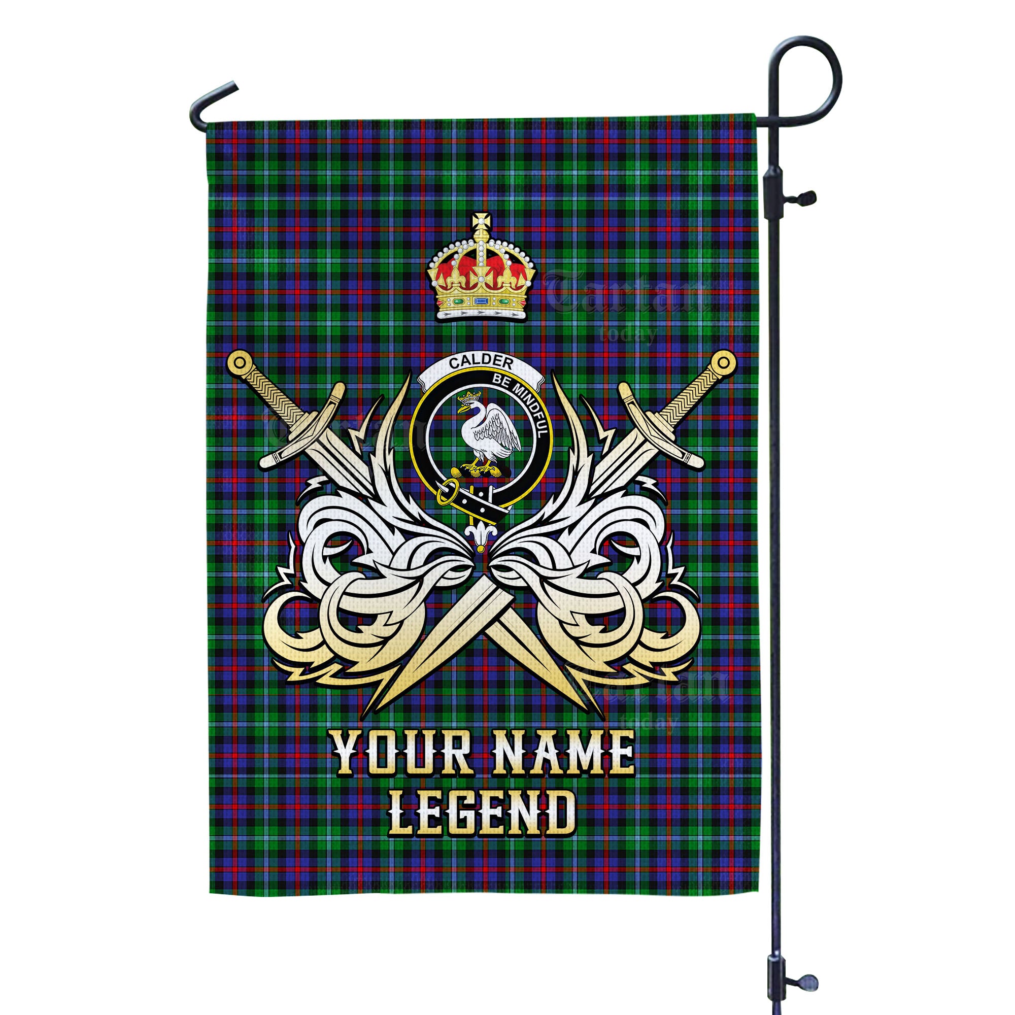 Custom Name Clan Calder Tartan Garden Flag with Clan Crest and the Golden Sword of Courageous Legacy IH61