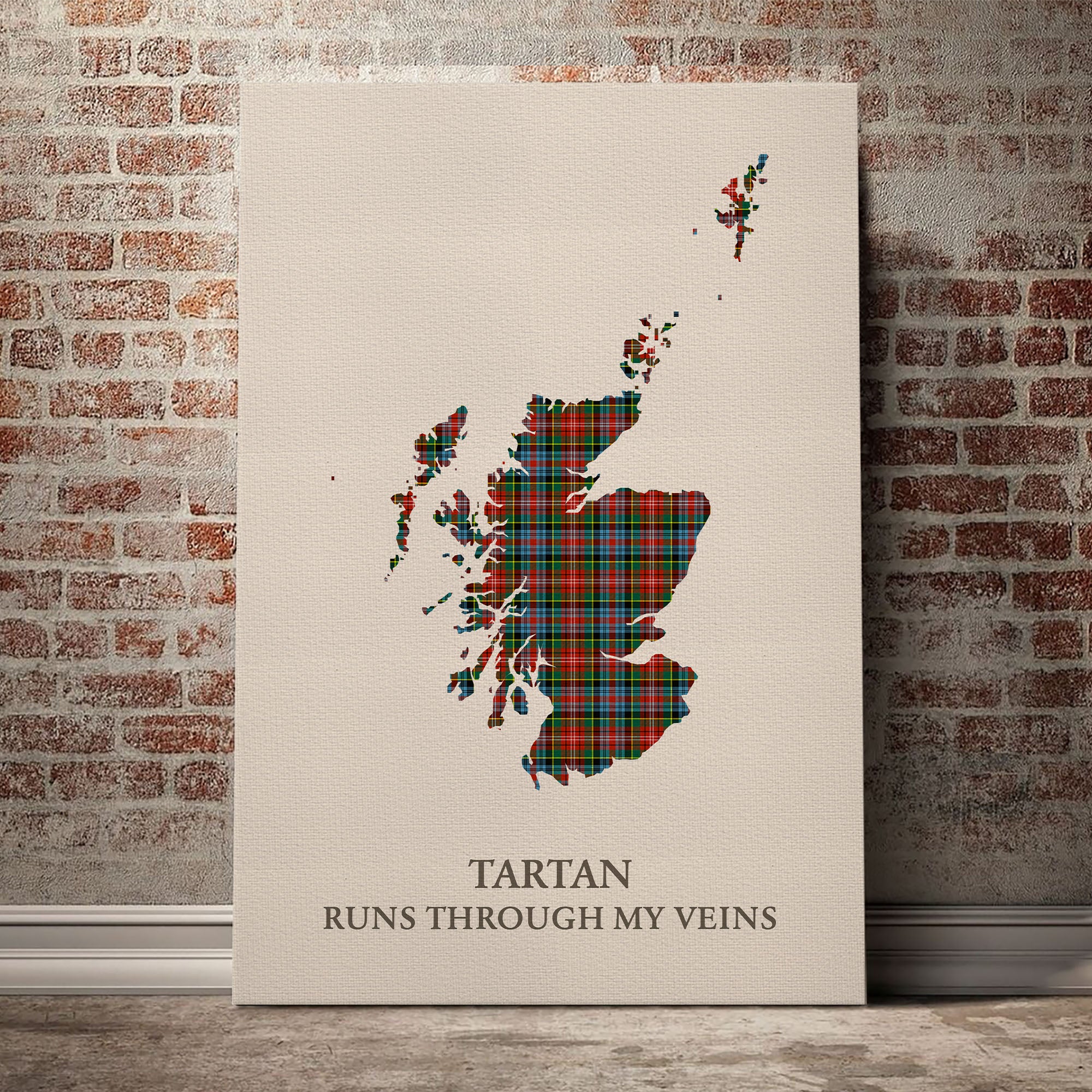 Caledonia Ancient Tartan Scotland Map Canvas – “Tartan Runs Through My Veins” Wall Art