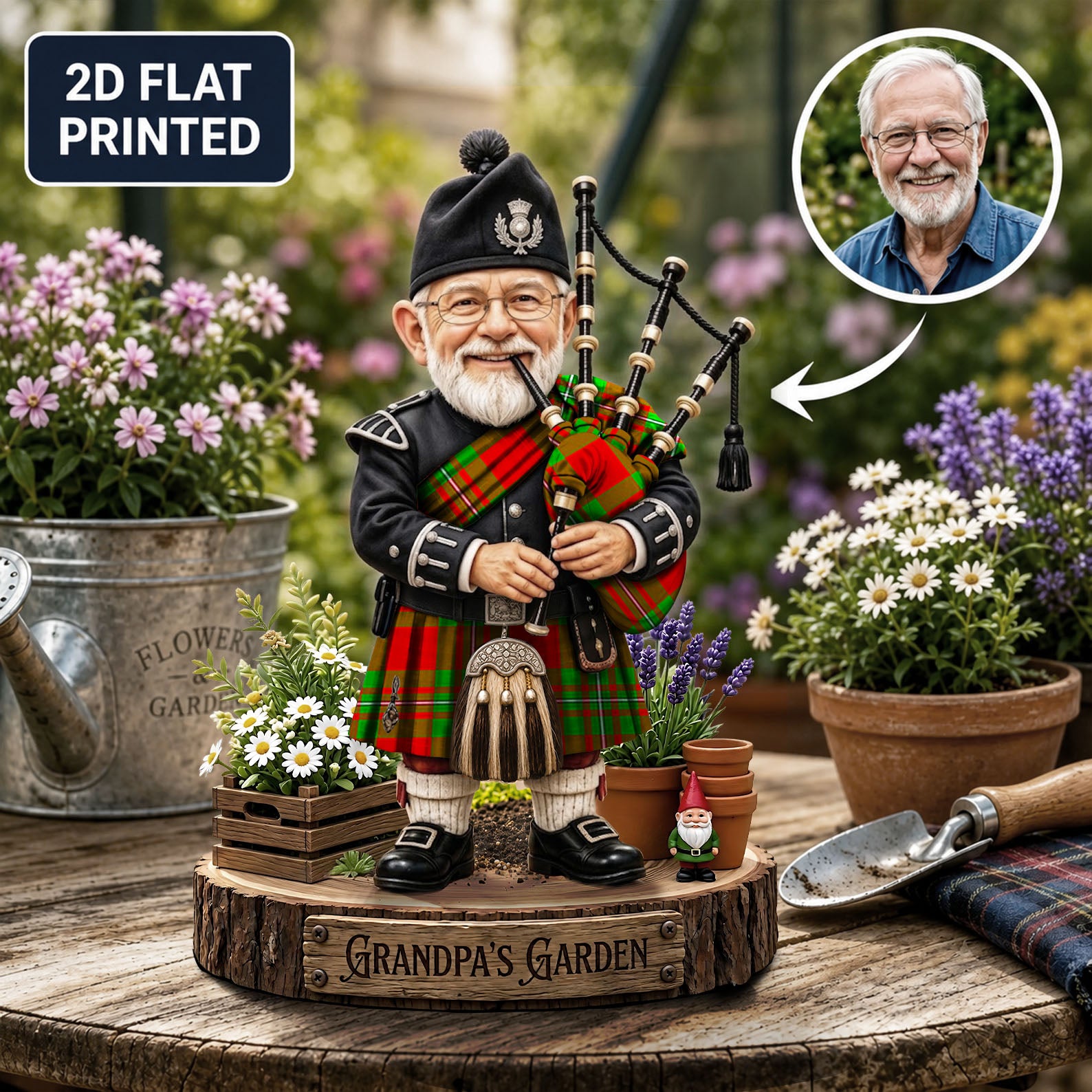 Personalized Callander Modern Clan Bagpipe Garden Gnome Caricature Plaque Custom Photo, Any Clan Tartan, Wood or Acrylic, Grandpa & Dad Gift, Scottish Highland Garden Decor QZ78
