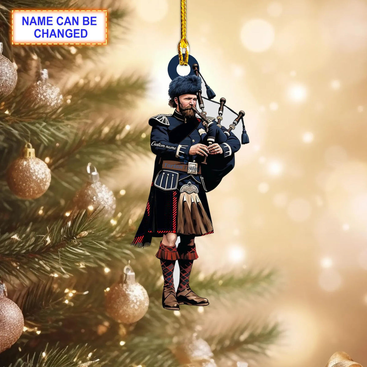Cameron Black & Red Modern Tartan Bagpipe Ornament with Custom Name