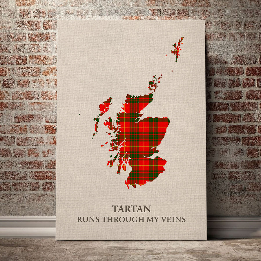 Cameron Modern Tartan Scotland Map Canvas – “Tartan Runs Through My Veins” Wall Art