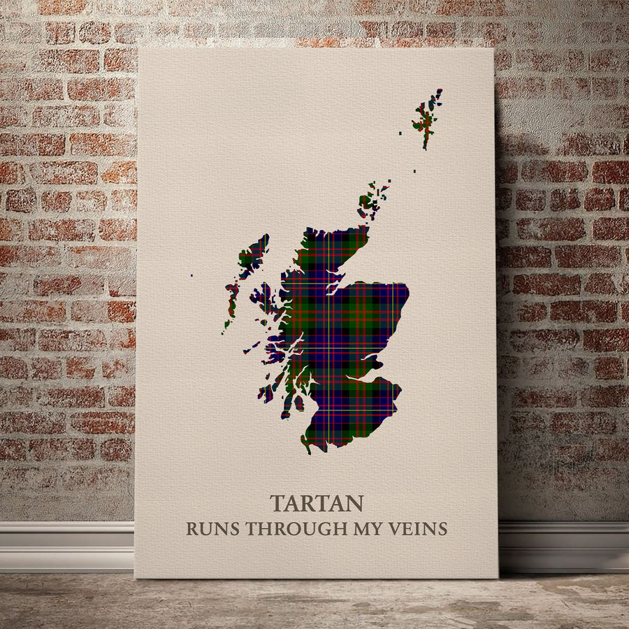 Cameron of Erracht Modern Tartan Scotland Map Canvas – “Tartan Runs Through My Veins” Wall Art