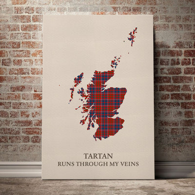 Clan Cameron of Lochiel Ancient Tartan Scotland Map Canvas “Tartan Runs Through My Veins” Wall Art HD22