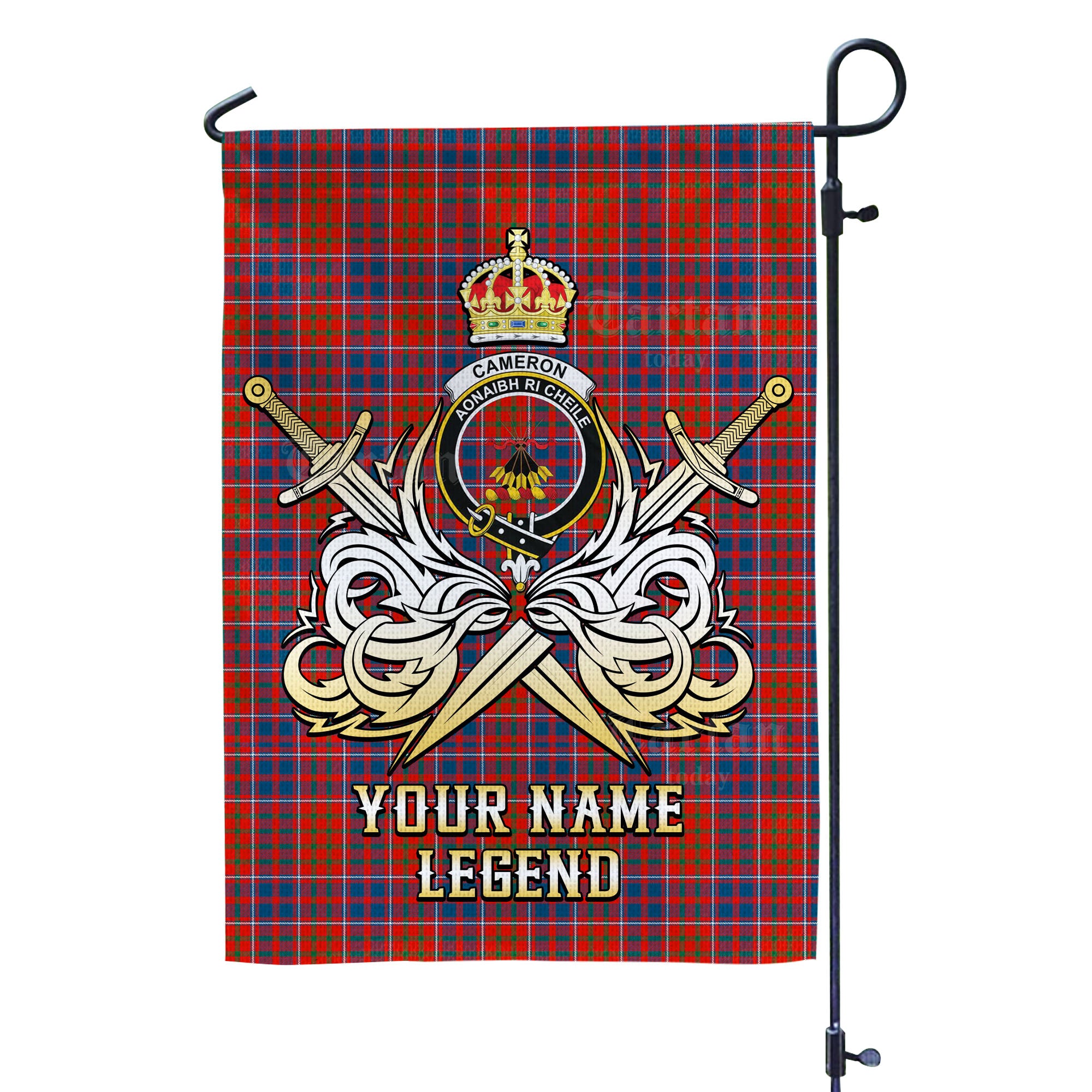 Custom Name Clan Cameron of Lochiel Ancient Tartan Garden Flag with Clan Crest and the Golden Sword of Courageous Legacy IC95