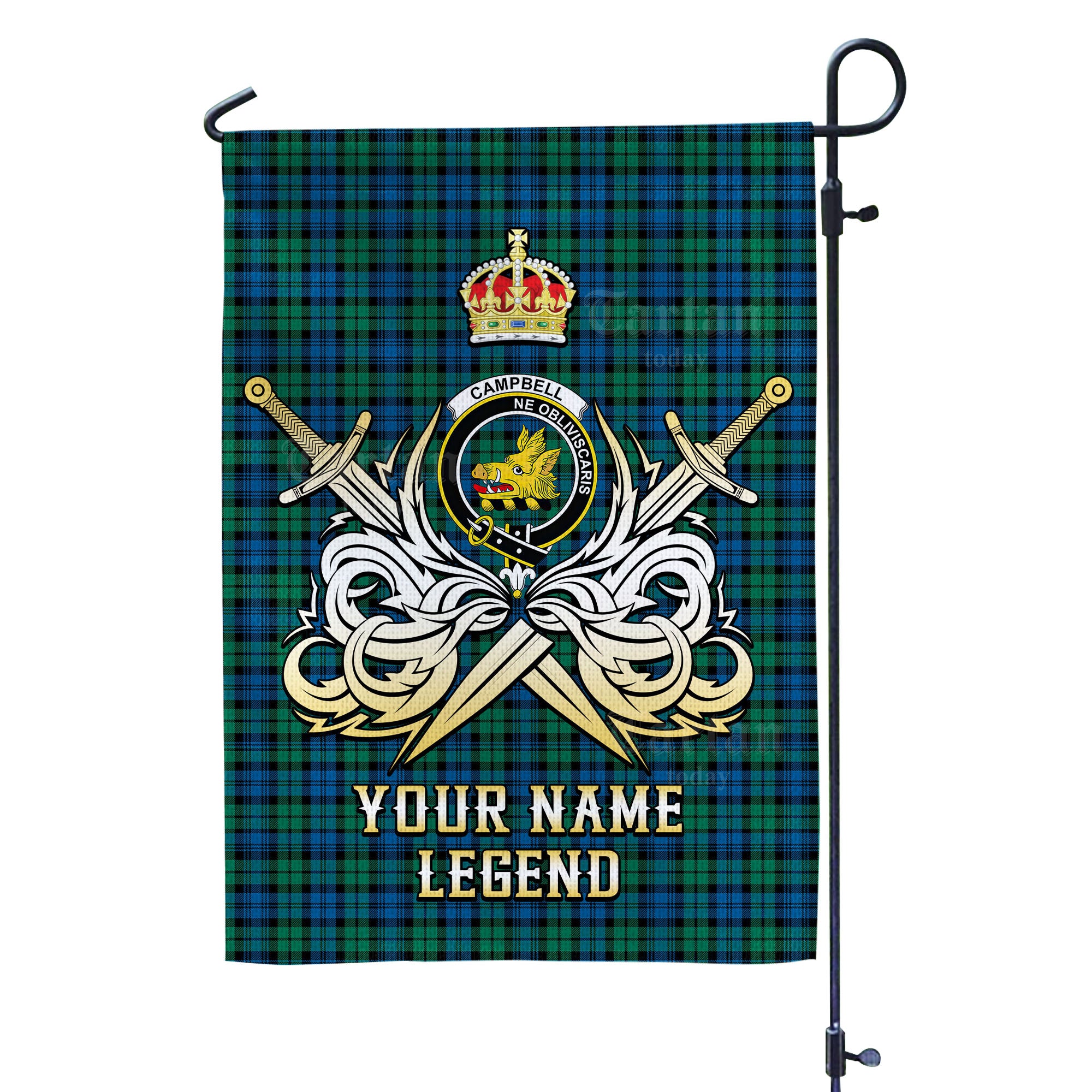 Custom Name Clan Campbell Ancient Tartan Garden Flag with Clan Crest and the Golden Sword of Courageous Legacy SA94