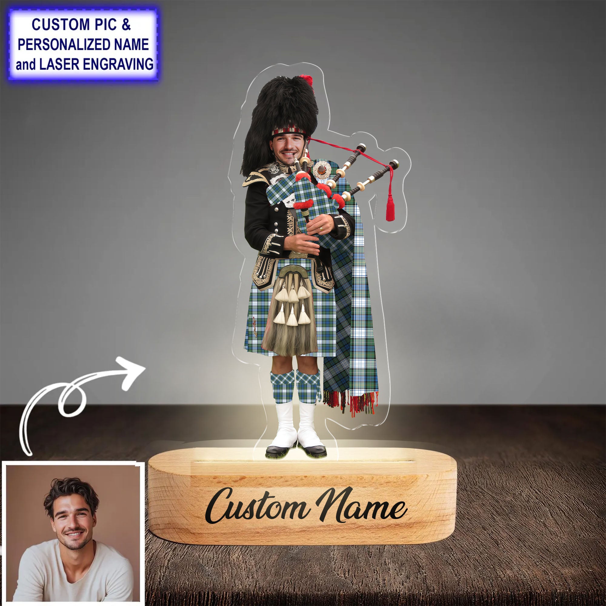 Custom Bagpipe Campbell Dress Ancient Tartan LED Night Light - Personalized Scottish Bagpiper Figurine with Wooden Stand