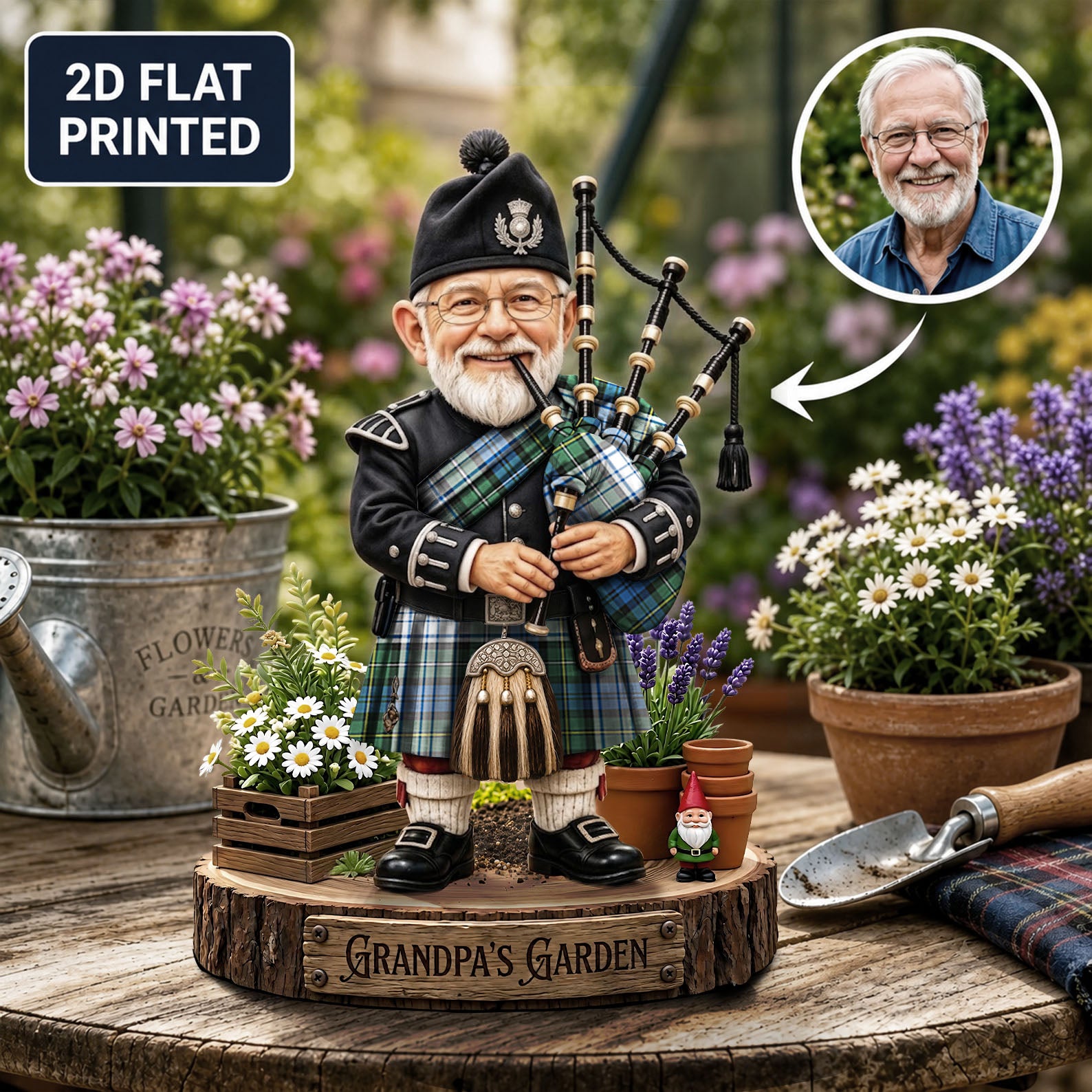 Personalized Campbell Dress Ancient Clan Bagpipe Garden Gnome Caricature Plaque Custom Photo, Any Clan Tartan, Wood or Acrylic, Grandpa & Dad Gift, Scottish Highland Garden Decor EC83