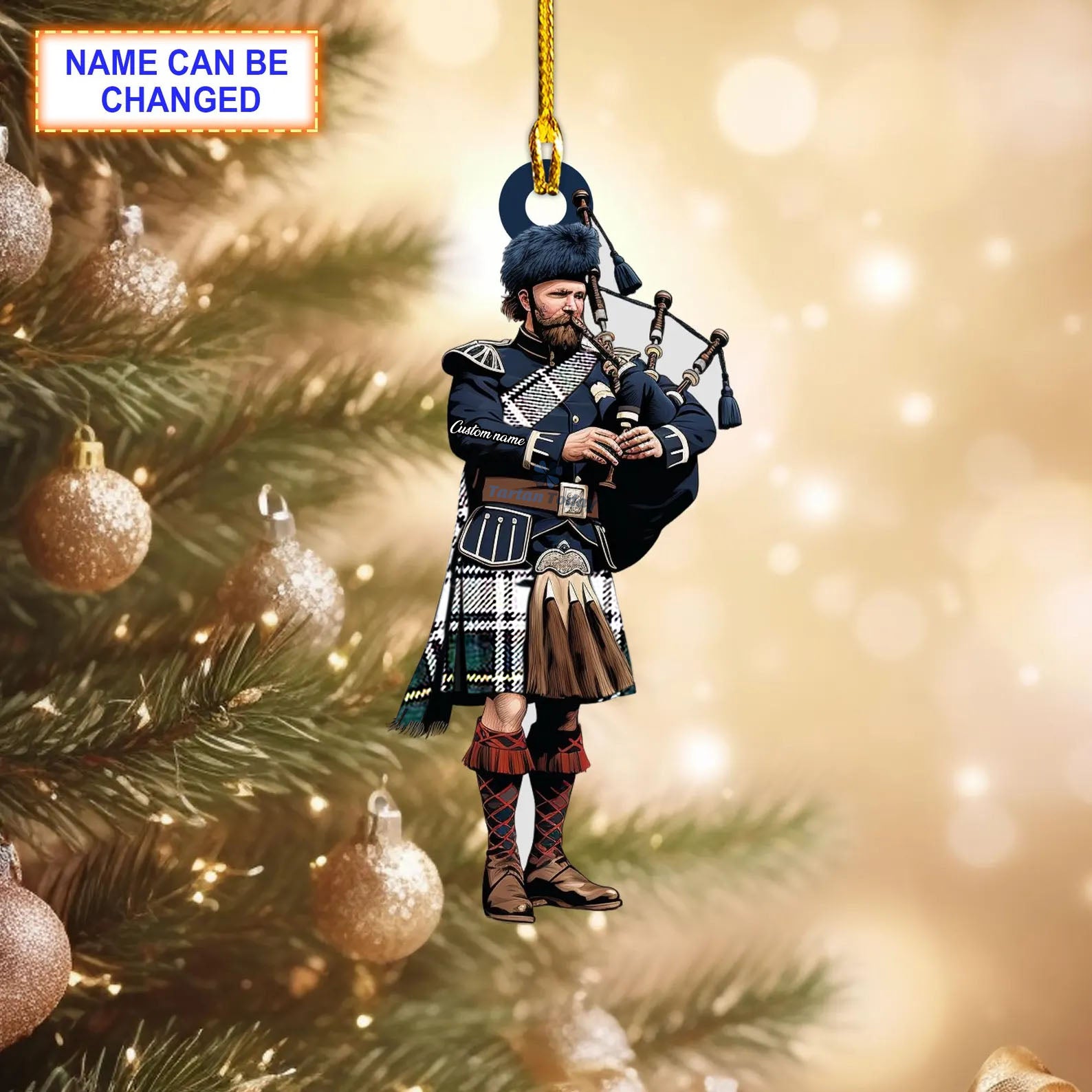 Campbell Dress Modern Tartan Bagpipe Ornament with Custom Name