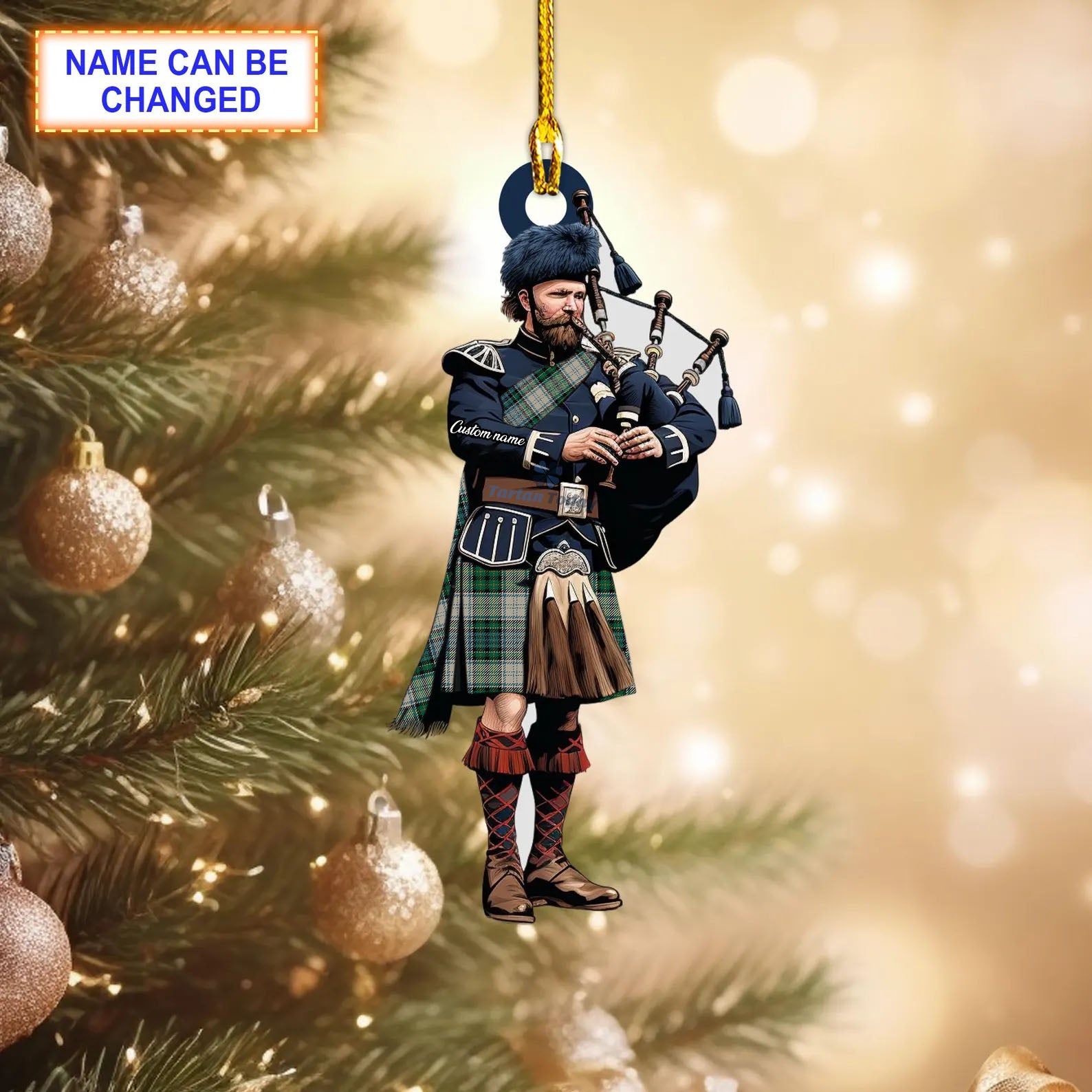Campbell Dress #2 Ancient Tartan Bagpipe Ornament with Custom Name