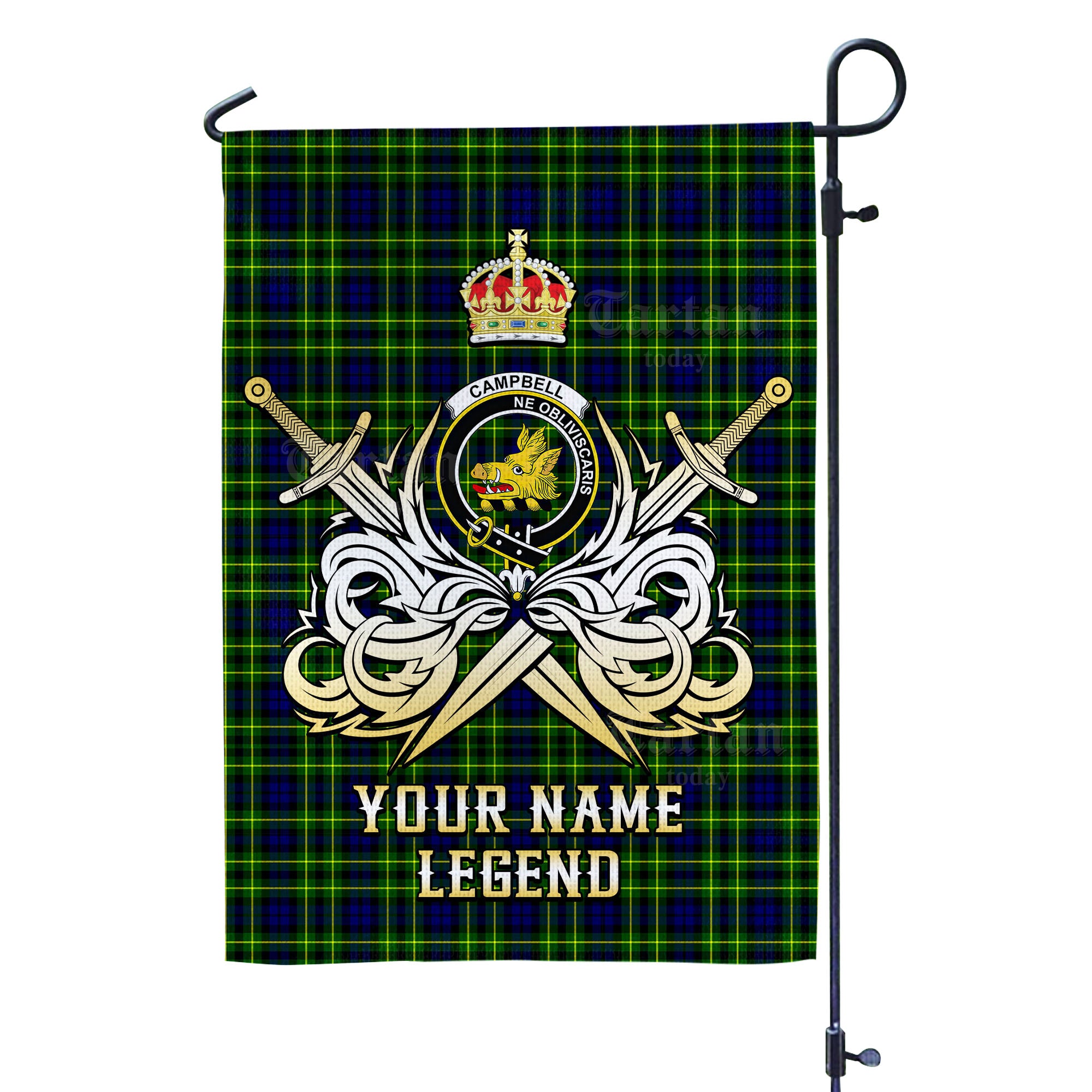 Custom Name Clan Campbell of Breadalbane Modern Tartan Garden Flag with Clan Crest and the Golden Sword of Courageous Legacy TM28