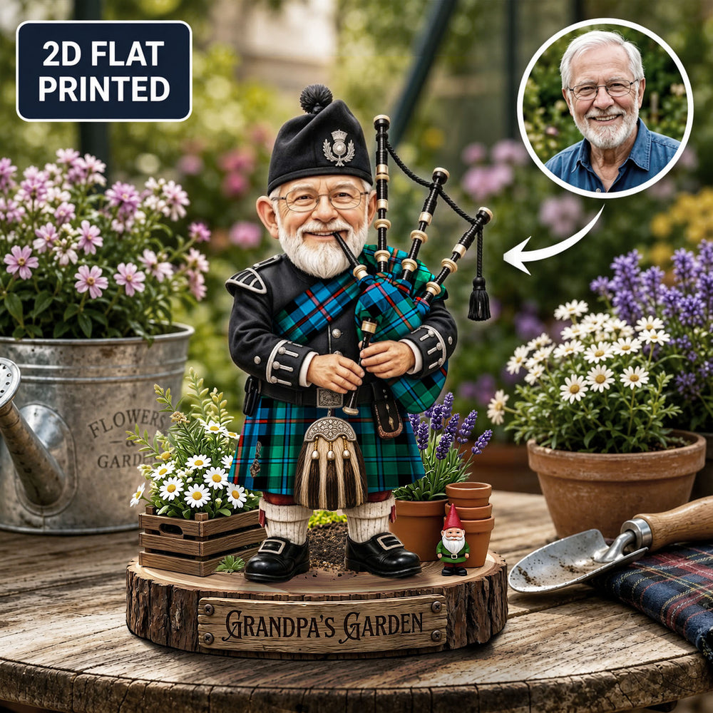 Personalized Campbell of Cawdor Ancient Clan Bagpipe Garden Gnome Caricature Plaque Custom Photo, Any Clan Tartan, Wood or Acrylic, Grandpa & Dad Gift, Scottish Highland Garden Decor EK57