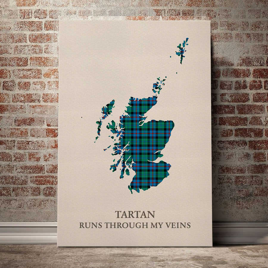 Campbell of Cawdor Ancient Tartan Scotland Map Canvas – “Tartan Runs Through My Veins” Wall Art
