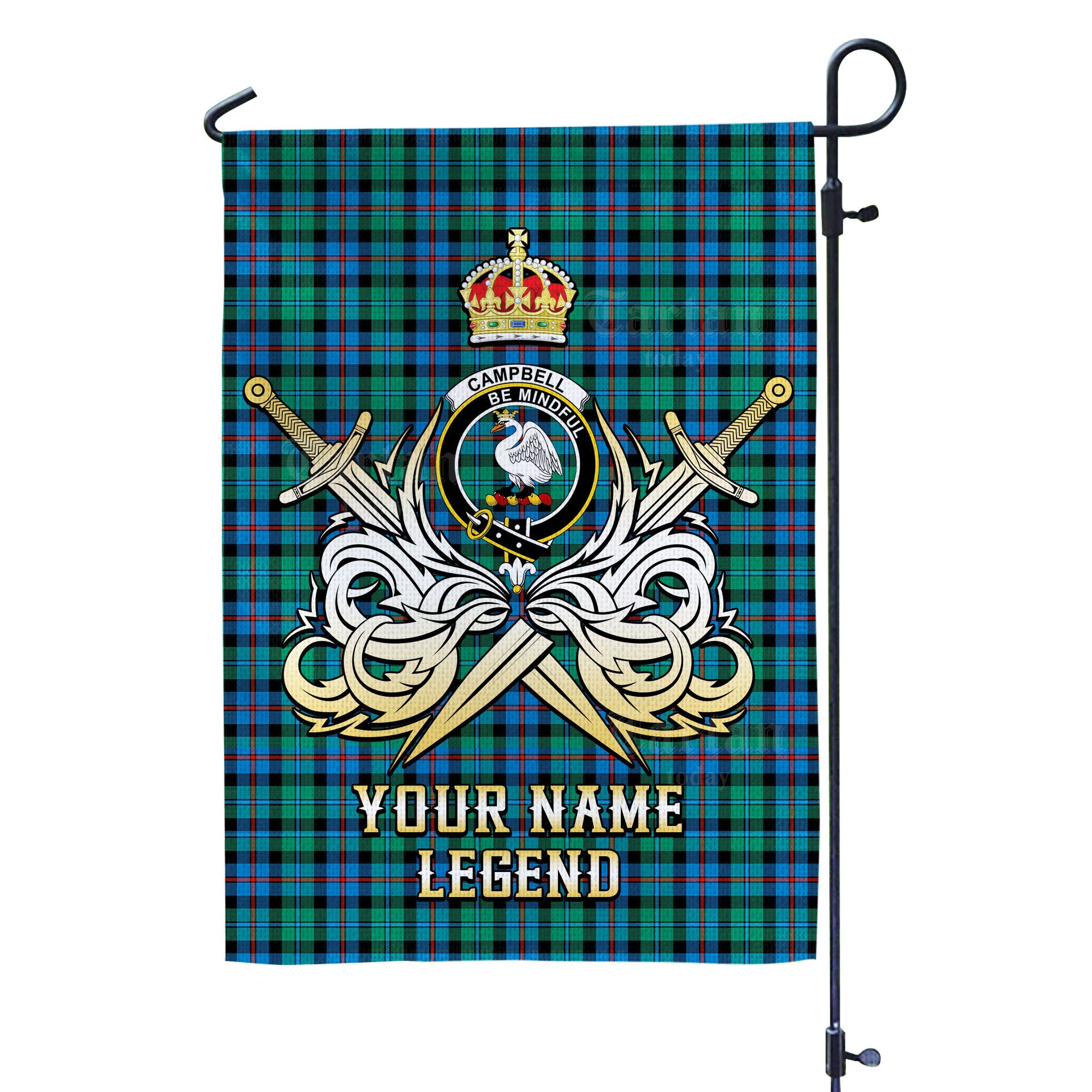 Custom Name Clan Campbell of Cawdor Ancient Tartan Garden Flag with Clan Crest and the Golden Sword of Courageous Legacy WV20