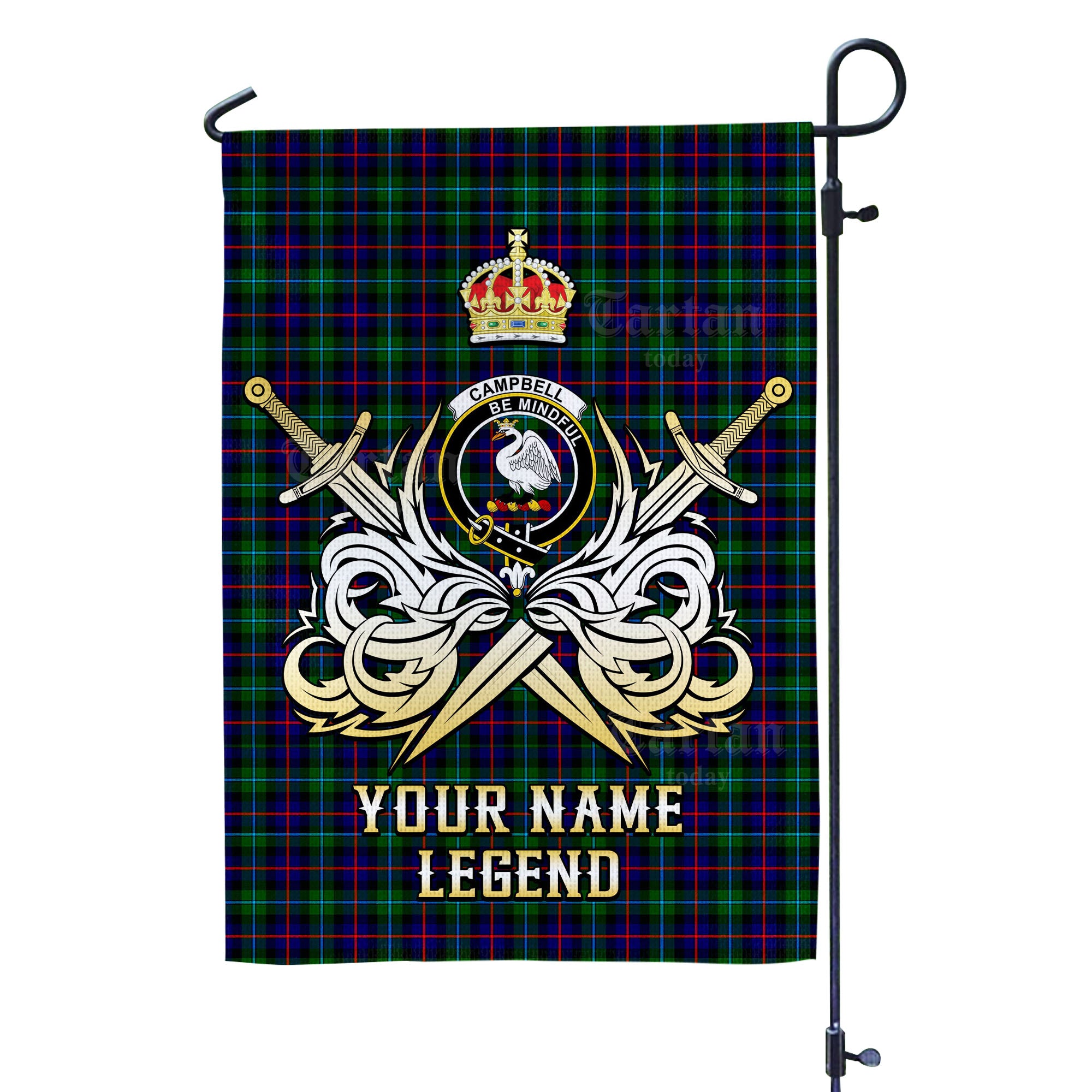 Custom Name Clan Campbell of Cawdor Modern Tartan Garden Flag with Clan Crest and the Golden Sword of Courageous Legacy PF28