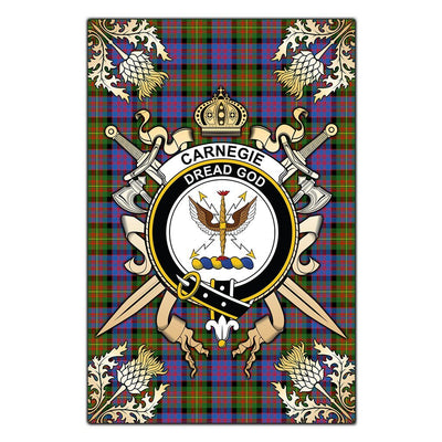 Clan Carnegie Ancient Tartan Crest Black Garden Flag - Gold Thistle UB40