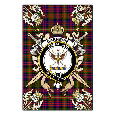 Clan Carnegie Modern Tartan Crest Black Garden Flag - Gold Thistle OE10