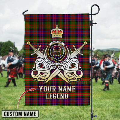 Custom Name Clan Carnegie Modern Tartan Garden Flag with Clan Crest and the Golden Sword of Courageous Legacy