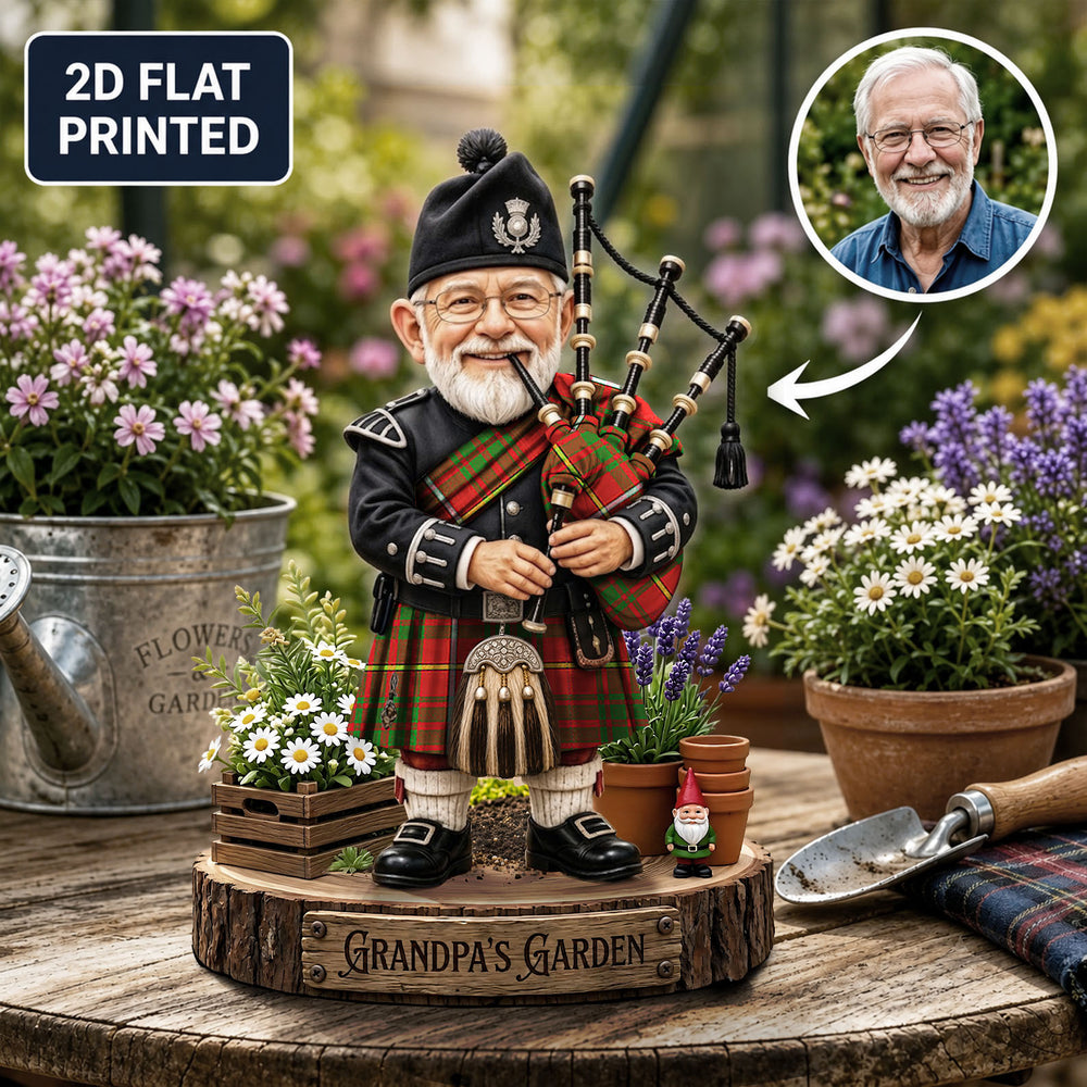 Personalized Carruthers Clan Bagpipe Garden Gnome Caricature Plaque Custom Photo, Any Clan Tartan, Wood or Acrylic, Grandpa & Dad Gift, Scottish Highland Garden Decor TE55