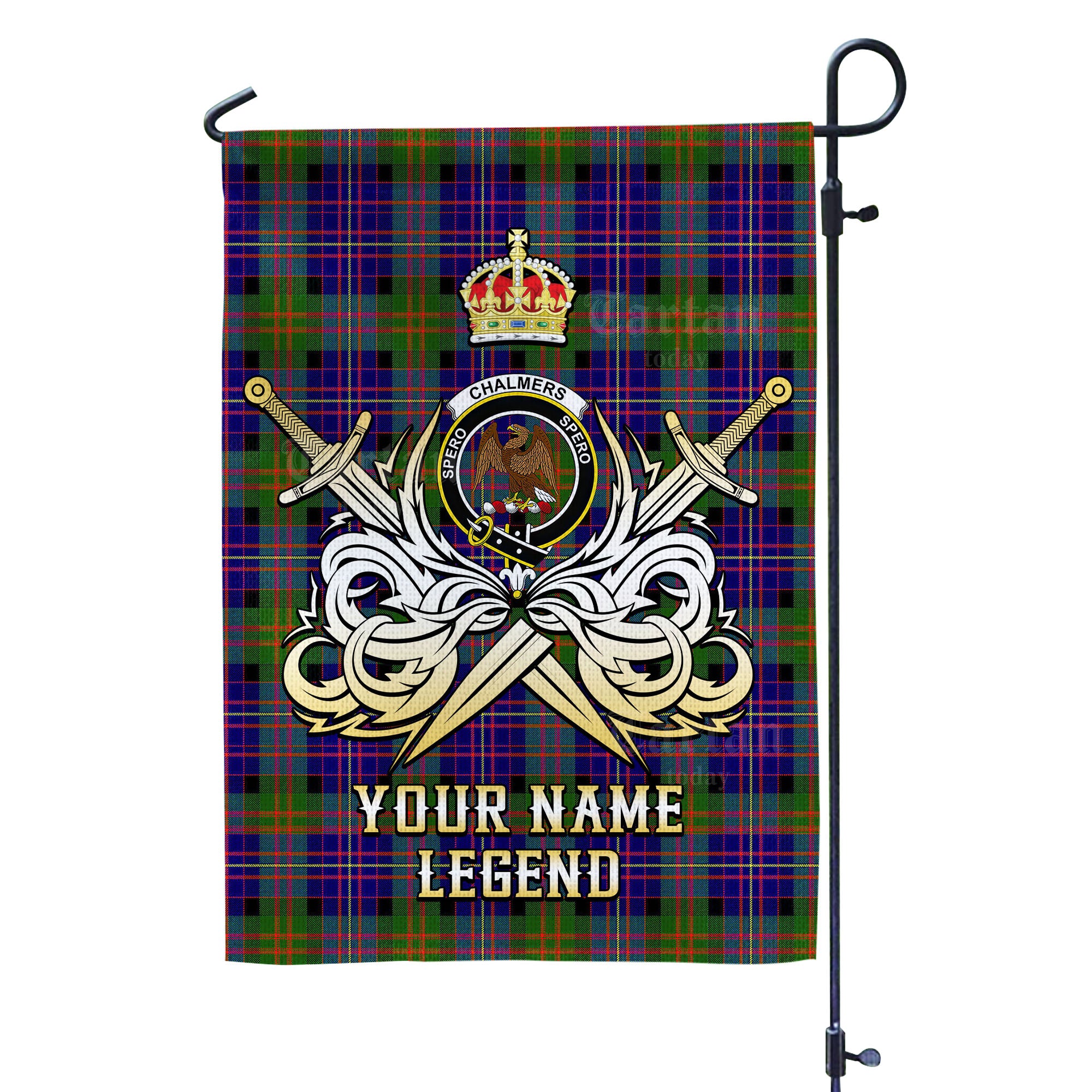Custom Name Clan Chalmer Tartan Garden Flag with Clan Crest and the Golden Sword of Courageous Legacy JB62