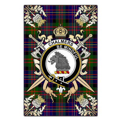 Clan Chalmers Modern Tartan Crest Black Garden Flag - Gold Thistle