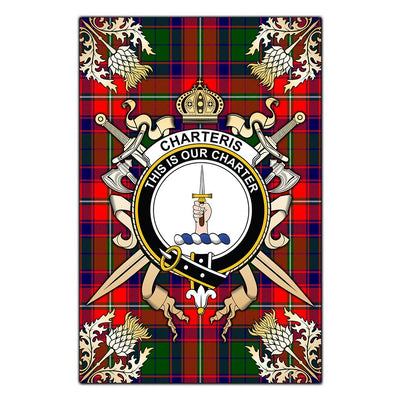Clan Charteris Tartan Crest Black Garden Flag - Gold Thistle