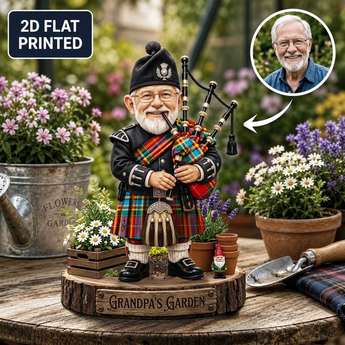 Personalized Chattan Clan Bagpipe Garden Gnome Caricature Plaque Custom Photo, Any Clan Tartan, Wood or Acrylic, Grandpa & Dad Gift, Scottish Highland Garden Decor ER92