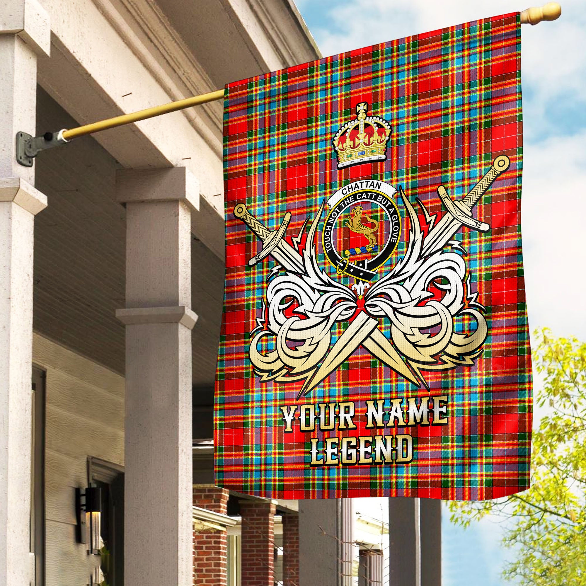 Custom Name Clan Chattan Tartan Garden Flag with Clan Crest and the Golden Sword of Courageous Legacy LO87