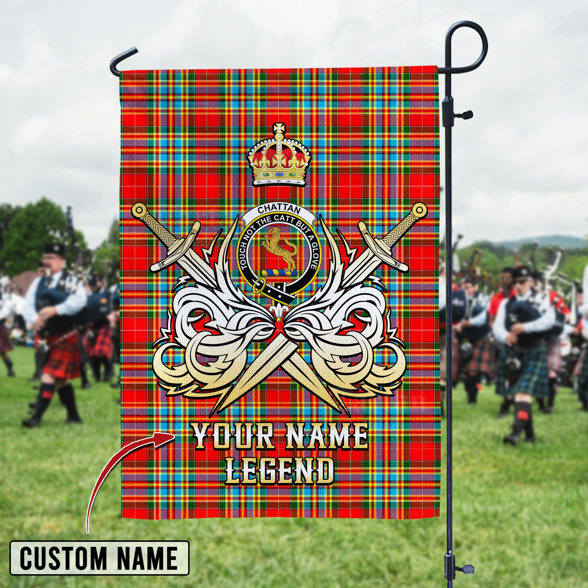 Personalized Custom Name Clan Chattan Tartan Garden Flag with Clan Crest and the Golden Sword of Courageous Legacy LO87 - Chattan Tartan Design, Scottish Heritage Gift