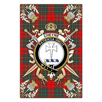 Clan Cheyne Tartan Crest Black Garden Flag - Gold Thistle