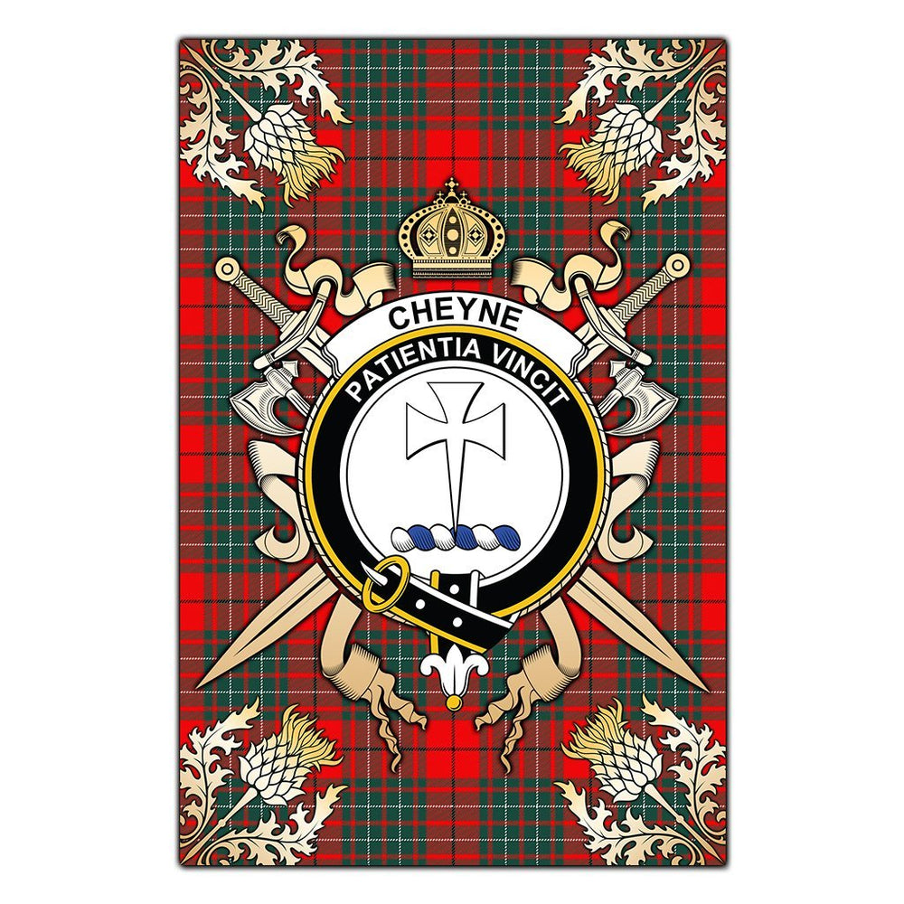 Clan Cheyne Tartan Crest Black Garden Flag  - Gold Thistle  BR80 Clan Cheyne Tartan Today   