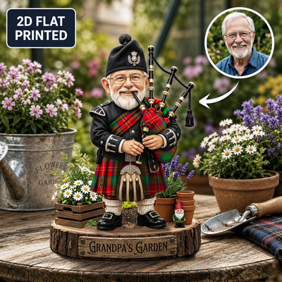 Personalized Chisholm Clan Bagpipe Garden Gnome Caricature Plaque Custom Photo, Any Clan Tartan, Wood or Acrylic, Grandpa & Dad Gift, Scottish Highland Garden Decor HH16