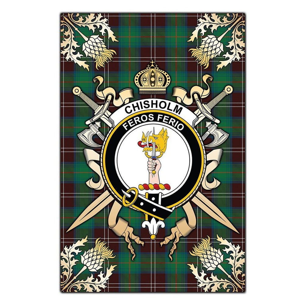 Clan Chisholm Hunting Ancient Tartan Crest Black Garden Flag  - Gold Thistle  FQ22 Clan Chisholm Tartan Today   