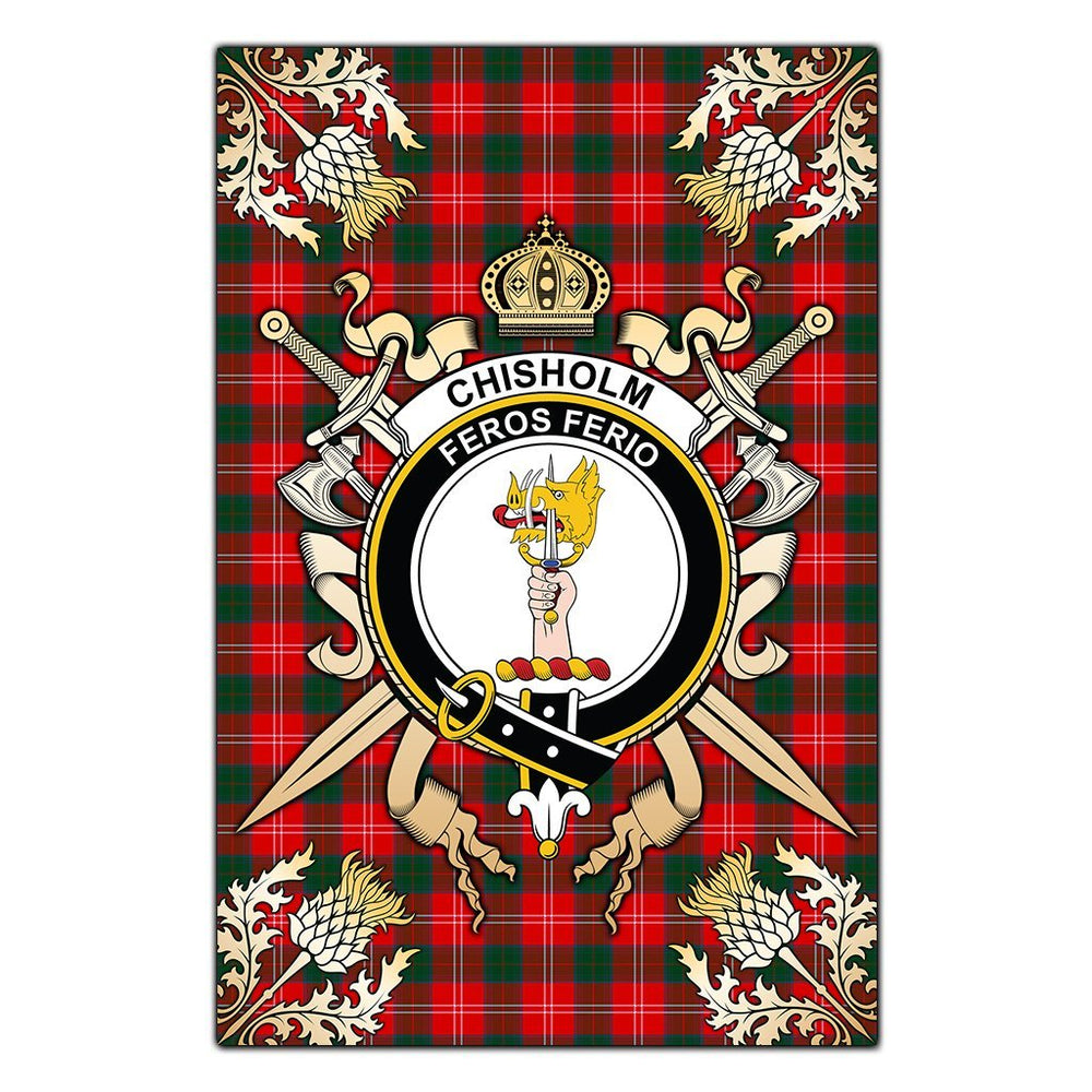 Clan Chisholm Modern Tartan Crest Black Garden Flag  - Gold Thistle  AR58 Clan Chisholm Tartan Today   
