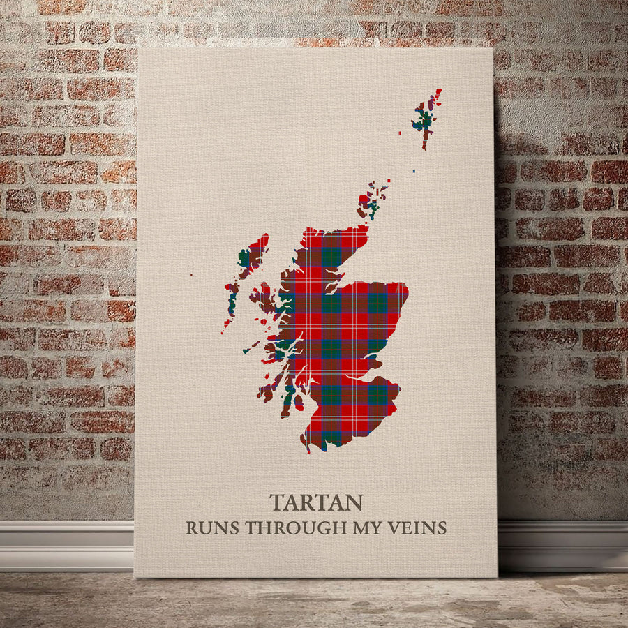 Chisholm Ancient Tartan Scotland Map Canvas – “Tartan Runs Through My Veins” Wall Art