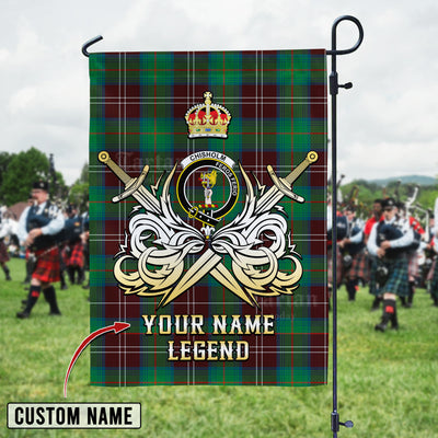 Custom Name Clan Chisholm Hunting Ancient Tartan Garden Flag with Clan Crest and the Golden Sword of Courageous Legacy