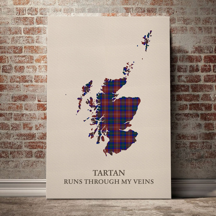 Chisholm Hunting Modern Tartan Scotland Map Canvas – “Tartan Runs Through My Veins” Wall Art